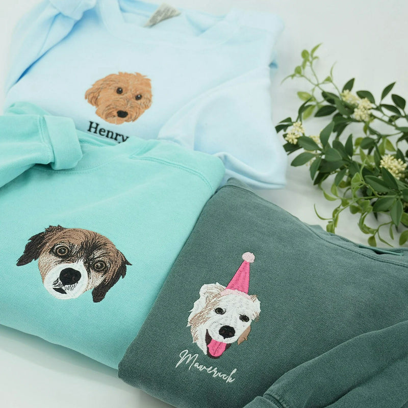 Custom Dog Portrait Sweatshirt for Birthday Dad - Embroidered Pet Photo Crewneck & Name - Gift for Him