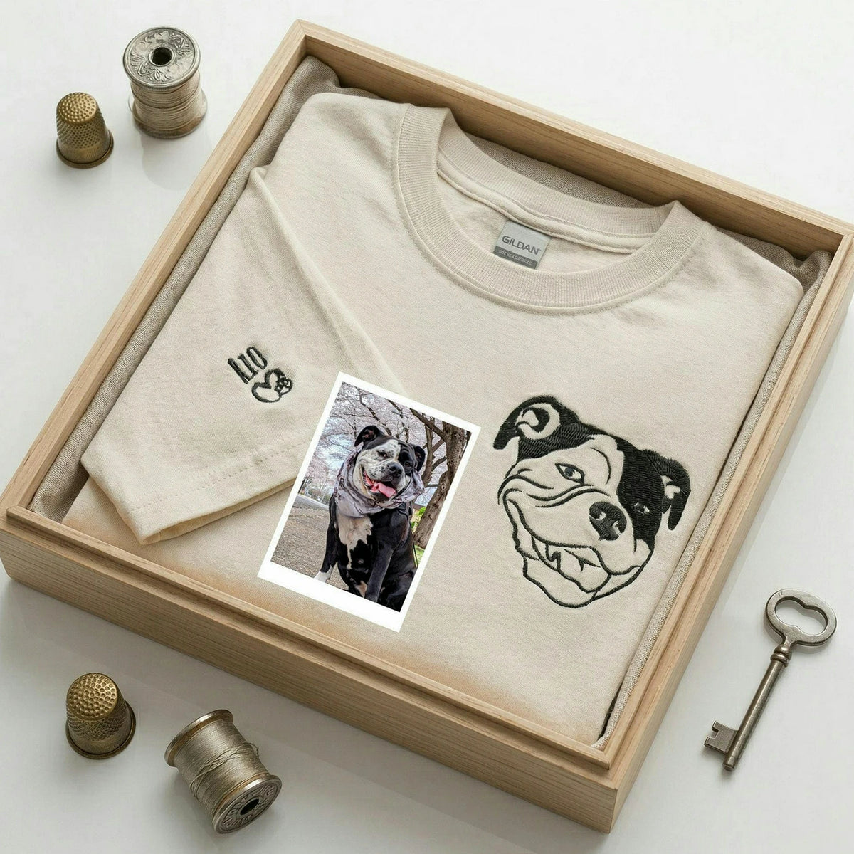 Sand Custom Dog Embroidered Portrait from Photo T-Shirt, Gift for Dog Dad