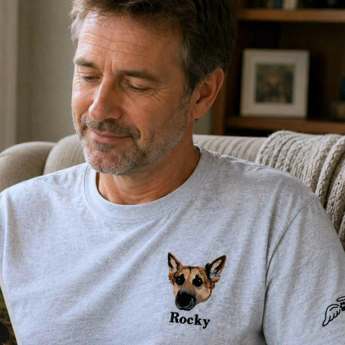 Custom Dog Memorial T-Shirt for Dad - Embroidered Pet Photo Portrait Tee & Name - Dog Loss Sympathy Gift for Him