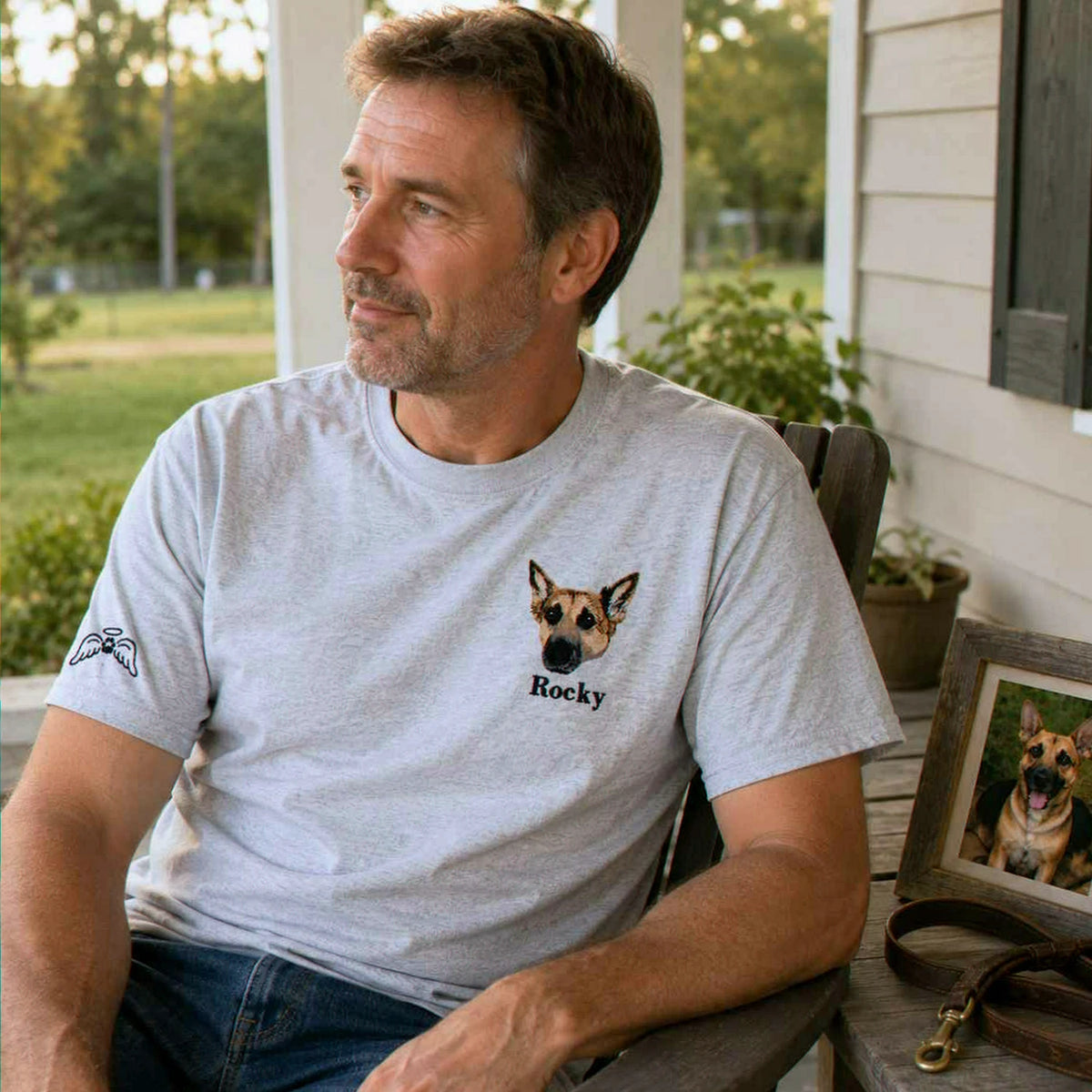 Custom Dog Memorial T-Shirt for Dad - Embroidered Pet Photo Portrait Tee & Name - Dog Loss Sympathy Gift for Him