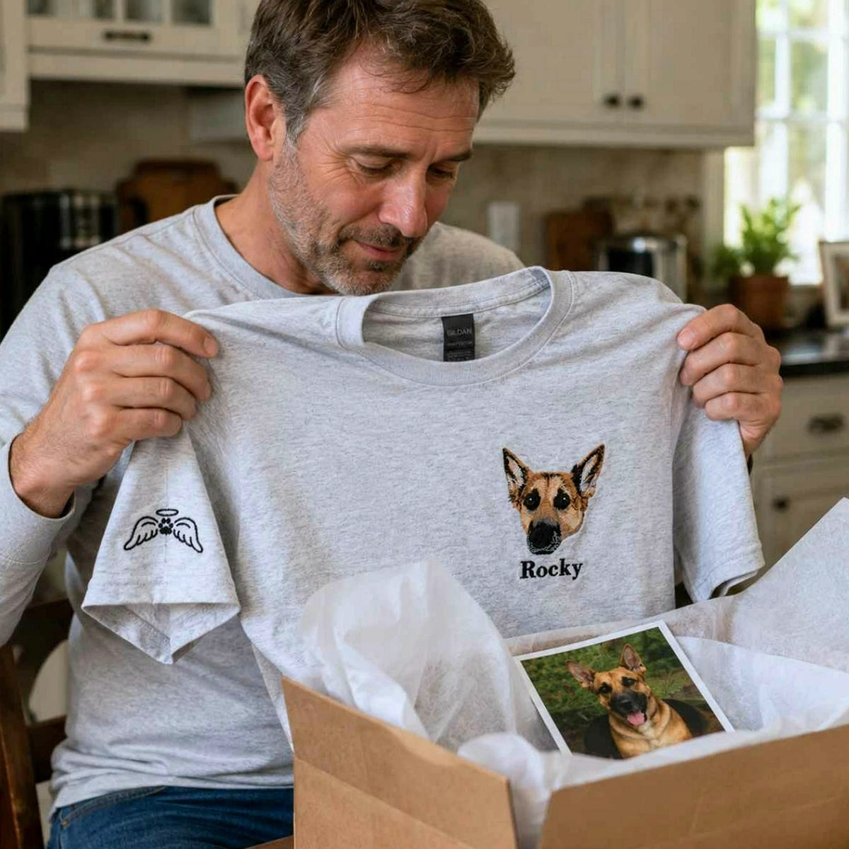 Custom Dog Memorial T-Shirt for Dad - Embroidered Pet Photo Portrait Tee & Name - Dog Loss Sympathy Gift for Him