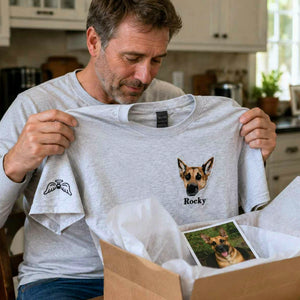 Custom Dog Memorial T-Shirt for Dad - Embroidered Pet Photo Portrait Tee & Name - Dog Loss Sympathy Gift for Him