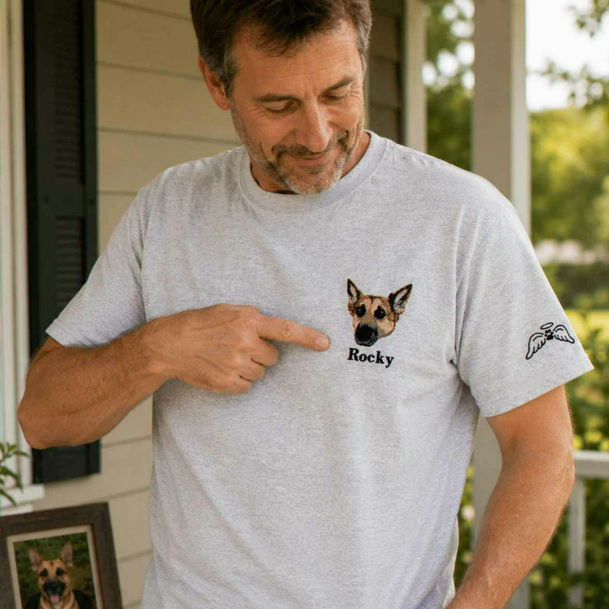 Custom Dog Memorial T-Shirt for Dad - Embroidered Pet Photo Portrait Tee & Name - Dog Loss Sympathy Gift for Him