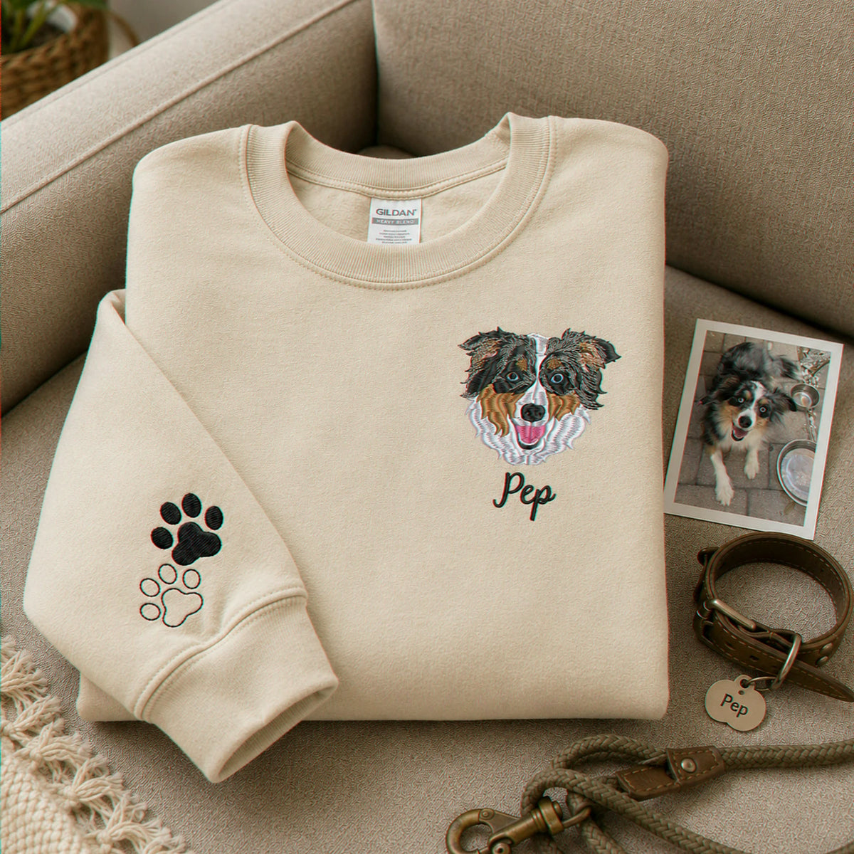 Custom Dog Memorial Sweatshirt for Dad - Embroidered Pet Photo Portrait Crewneck & Name - Dog Loss Sympathy Gift for Him