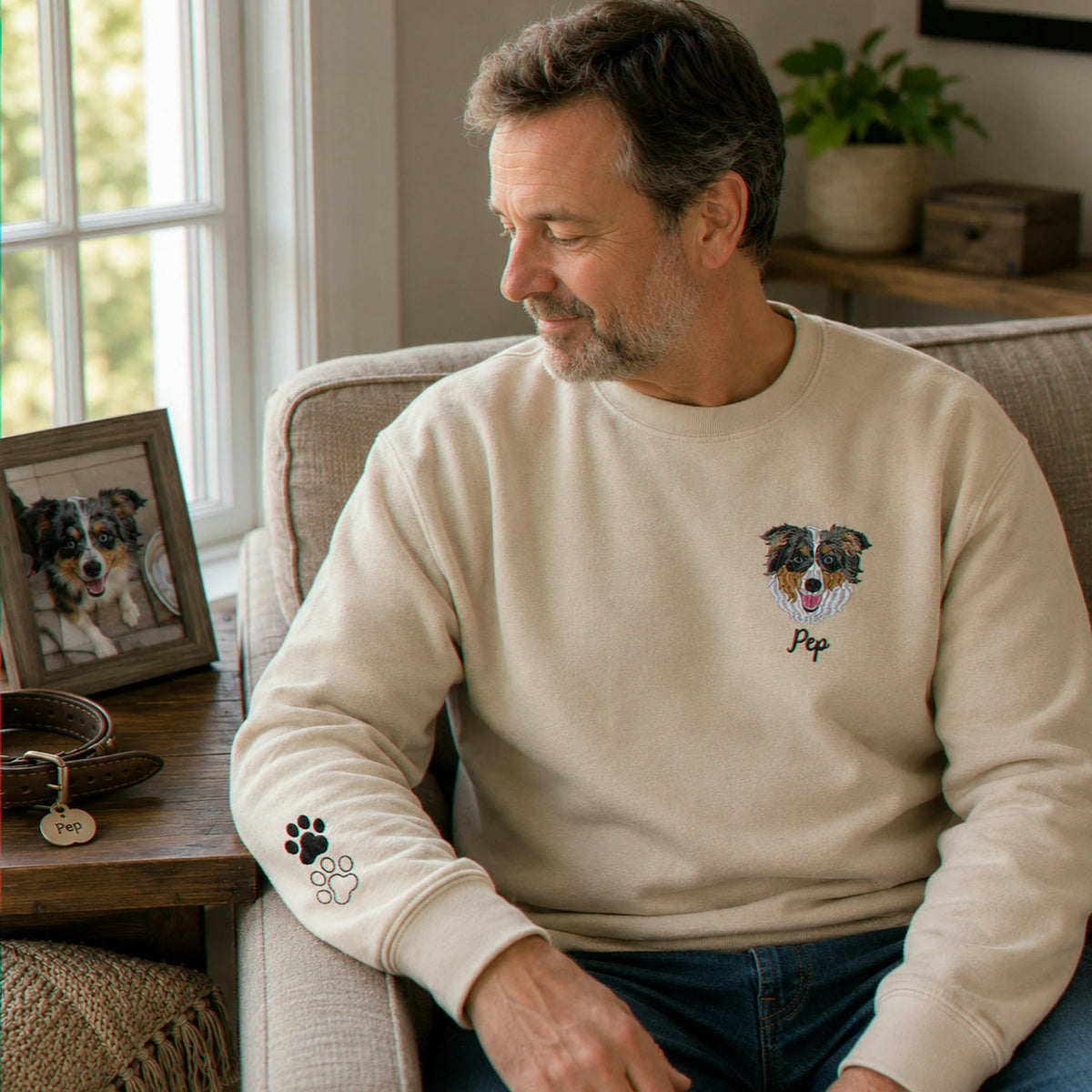 Custom Dog Memorial Sweatshirt for Dad - Embroidered Pet Photo Portrait Crewneck & Name - Dog Loss Sympathy Gift for Him