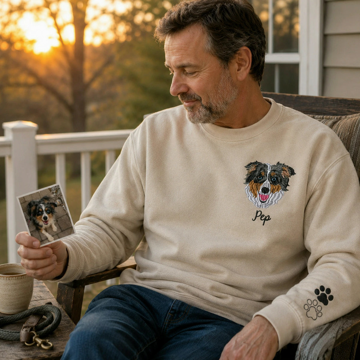 Custom Dog Memorial Sweatshirt for Dad - Embroidered Pet Photo Portrait Crewneck & Name - Dog Loss Sympathy Gift for Him