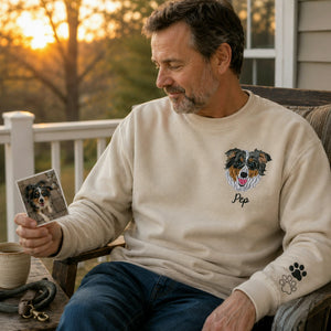 Custom Dog Memorial Sweatshirt for Dad - Embroidered Pet Photo Portrait Crewneck & Name - Dog Loss Sympathy Gift for Him