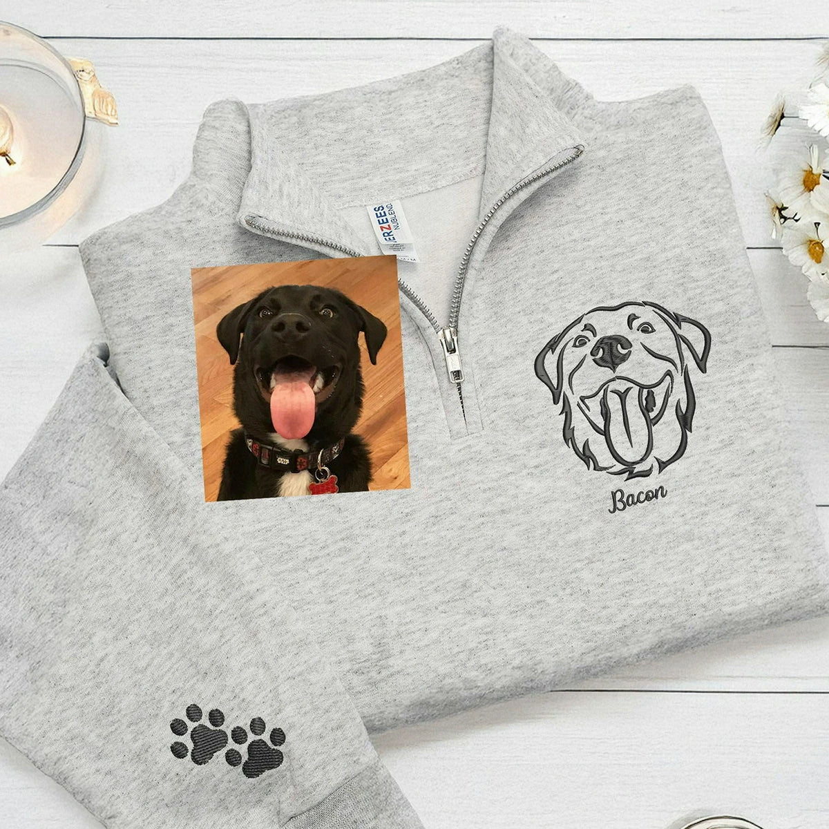 Ash Quarter Zip Sweatshirt Dog Portrait from Photo Embroidered, Gift for Dog Dad