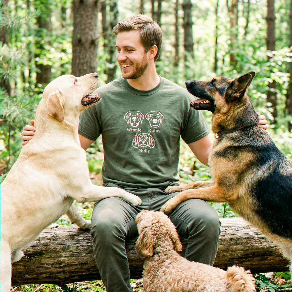 Custom Multiple Pet Photo T-Shirt for Men - Embroidered Dog Portrait, Name's Birthday Gift