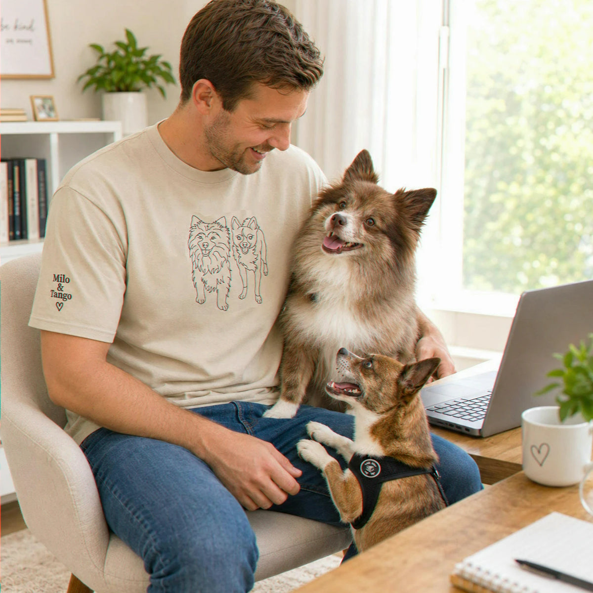 Custom Dog Outline T-shirt for Birthday Boyfriend - Minimalist Embroidered Pet Photo Tee & Name - Gift for Him
