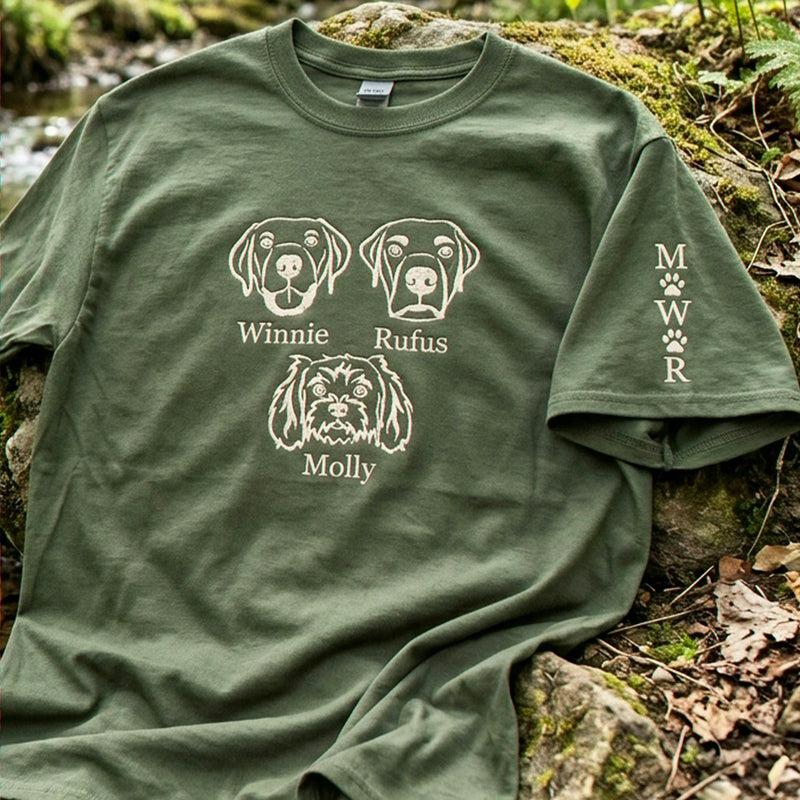 Custom Multiple Pet Photo T-Shirt for Men - Embroidered Dog Portrait, Name's Birthday Gift