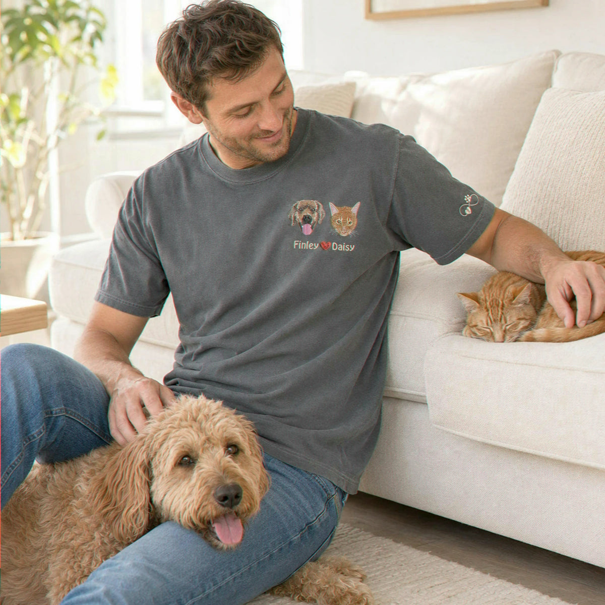 Custom Dog Portrait T-Shirt for Dad - Embroidered Face Photo Tee, Anniversary Gifts For Husband