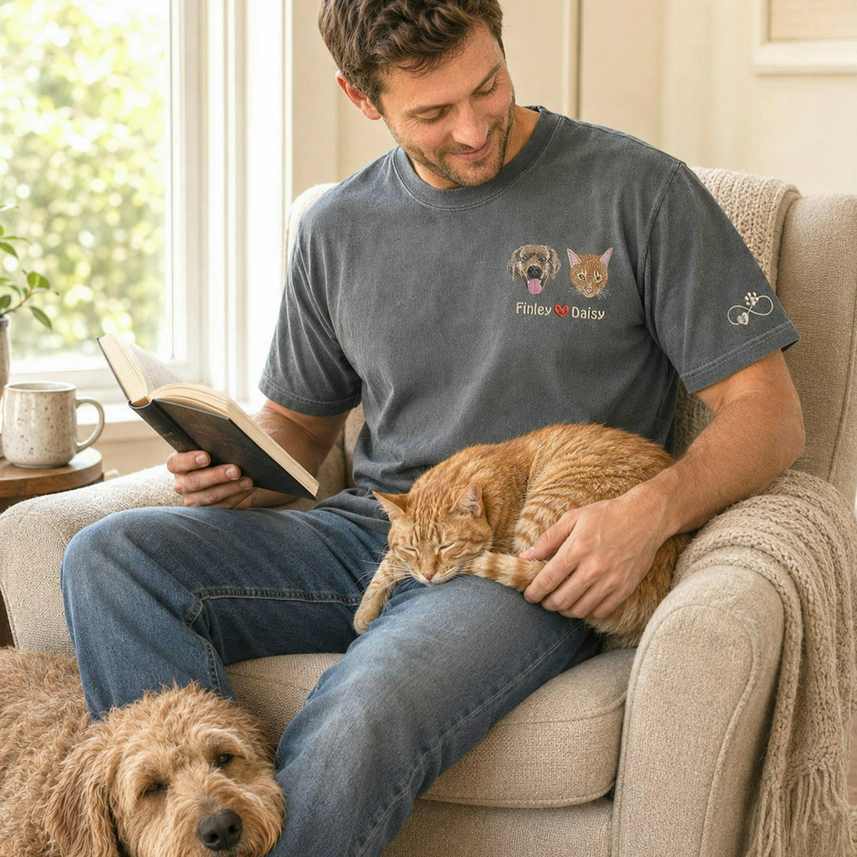 Custom Dog Portrait T-Shirt for Dad - Embroidered Face Photo Tee, Anniversary Gifts For Husband