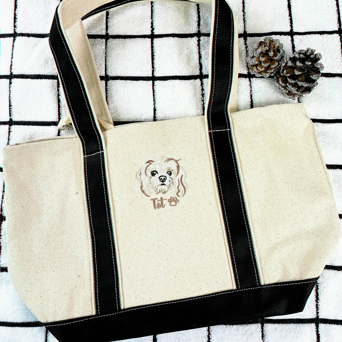 Custom Dog Outline Tote Bag for Birthday Dad - Minimalist Embroidered Pet Photo Canvas Tote & Name - Gift for Him