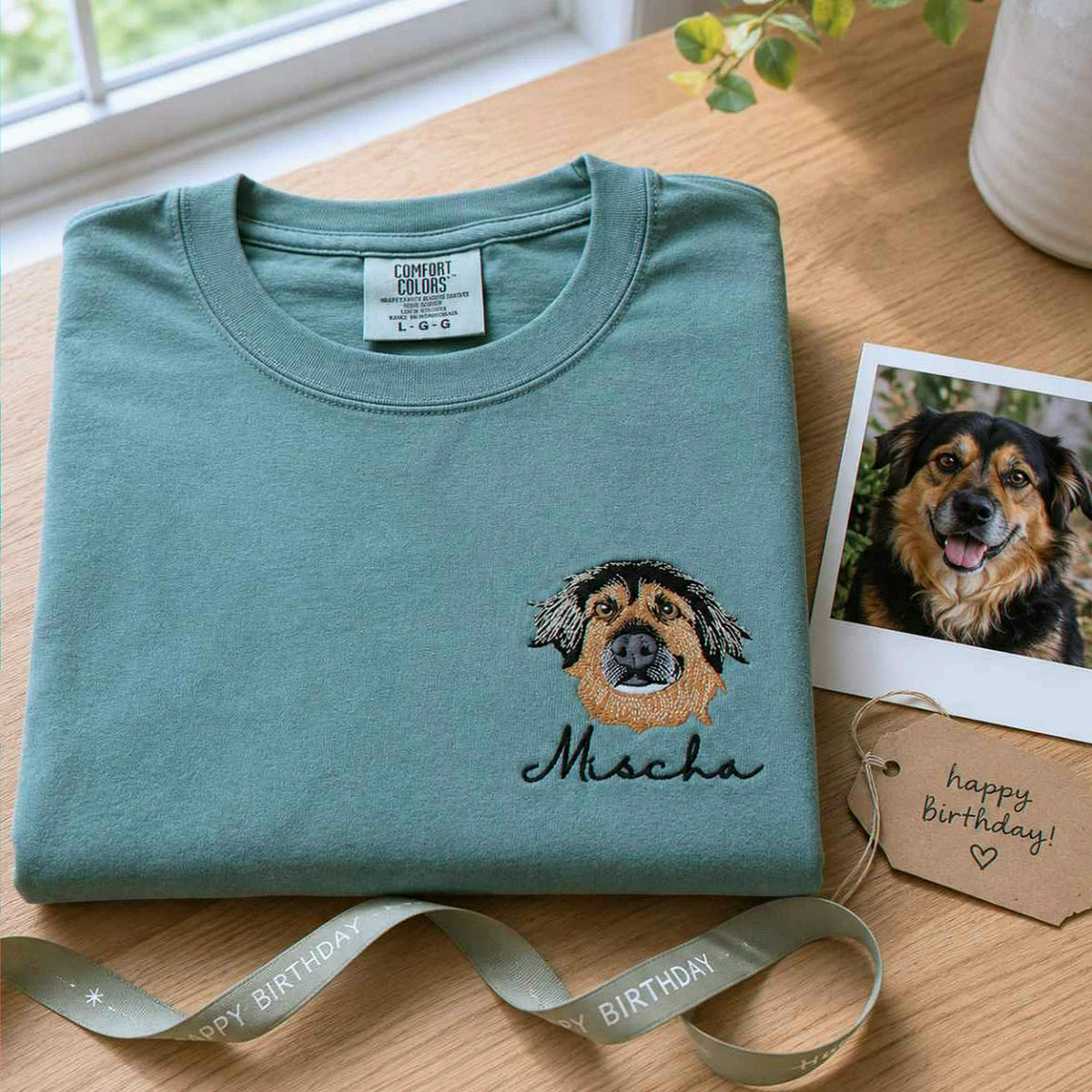Custom Dog Portrait T-shirt for Birthday Daughter - Embroidered Pet Photo Tee & Name - Gift for Her