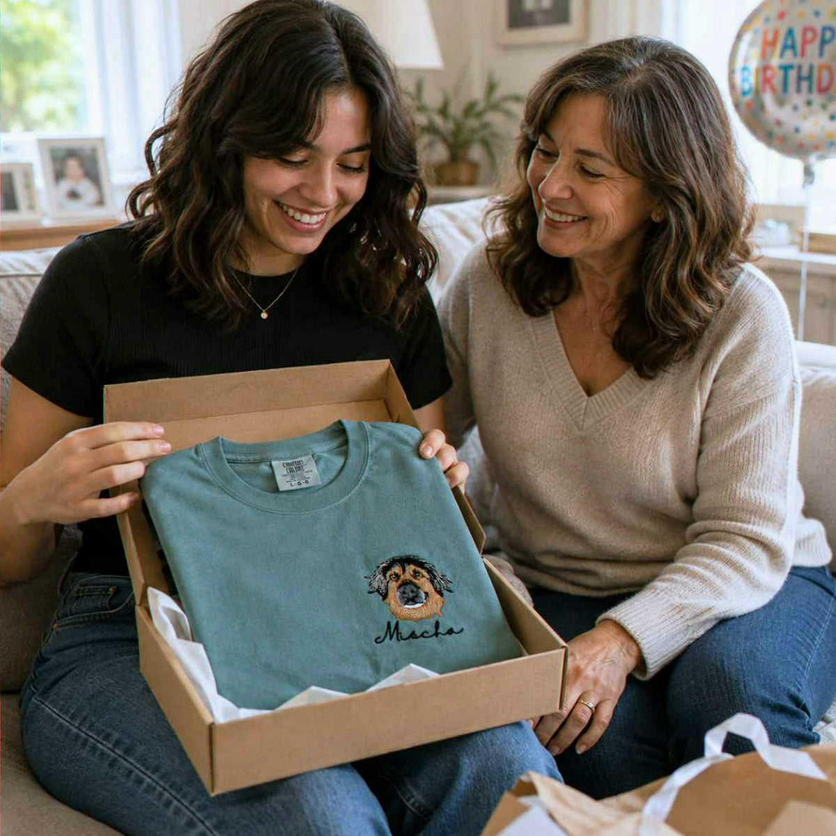 Custom Dog Portrait T-shirt for Birthday Daughter - Embroidered Pet Photo Tee & Name - Gift for Her