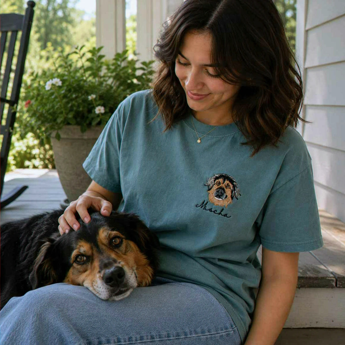 Custom Dog Portrait T-shirt for Birthday Daughter - Embroidered Pet Photo Tee & Name - Gift for Her