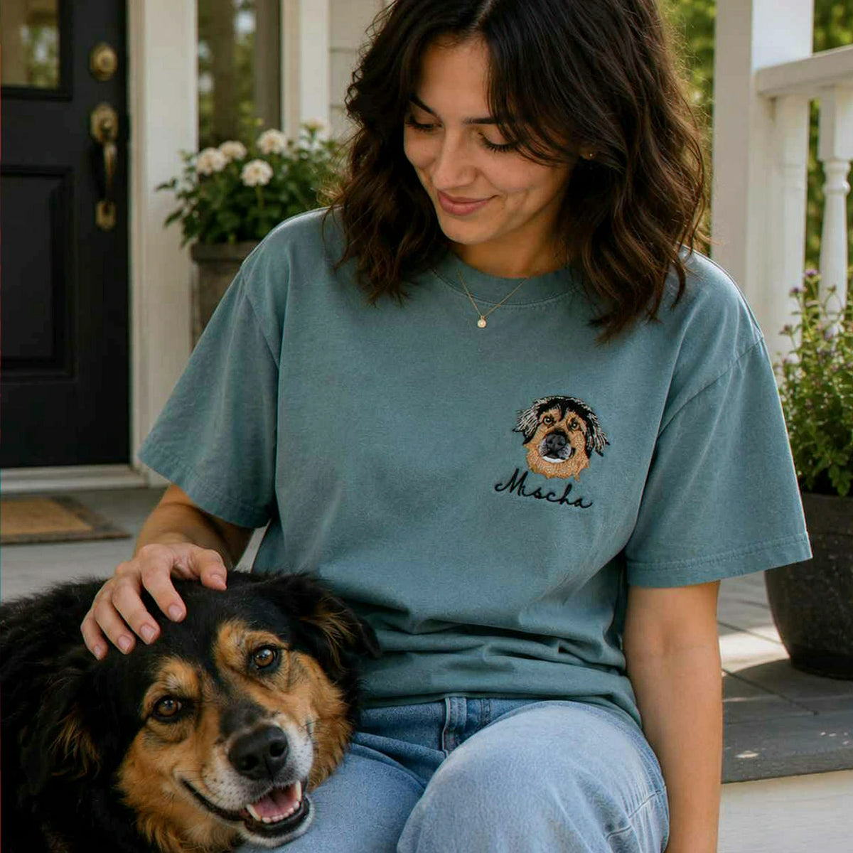 Custom Dog Portrait T-shirt for Birthday Daughter - Embroidered Pet Photo Tee & Name - Gift for Her