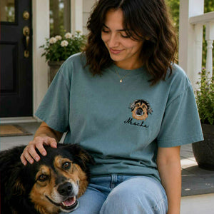 Custom Dog Portrait T-shirt for Birthday Daughter - Embroidered Pet Photo Tee & Name - Gift for Her