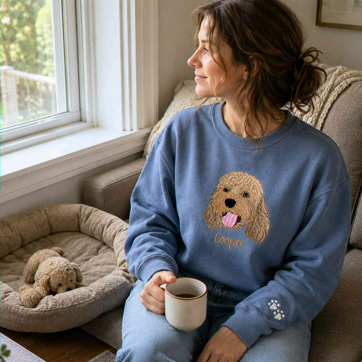 Custom Dog Memorial Sweatshirt for Daughter - Embroidered Pet Photo Portrait Crewneck & Name - Dog Loss Sympathy Gift for Her