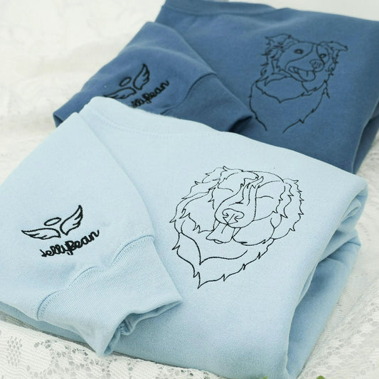 Light Blue Custom Dog Embroidered Portrait Photo Sweatshirt for Girlfriend
