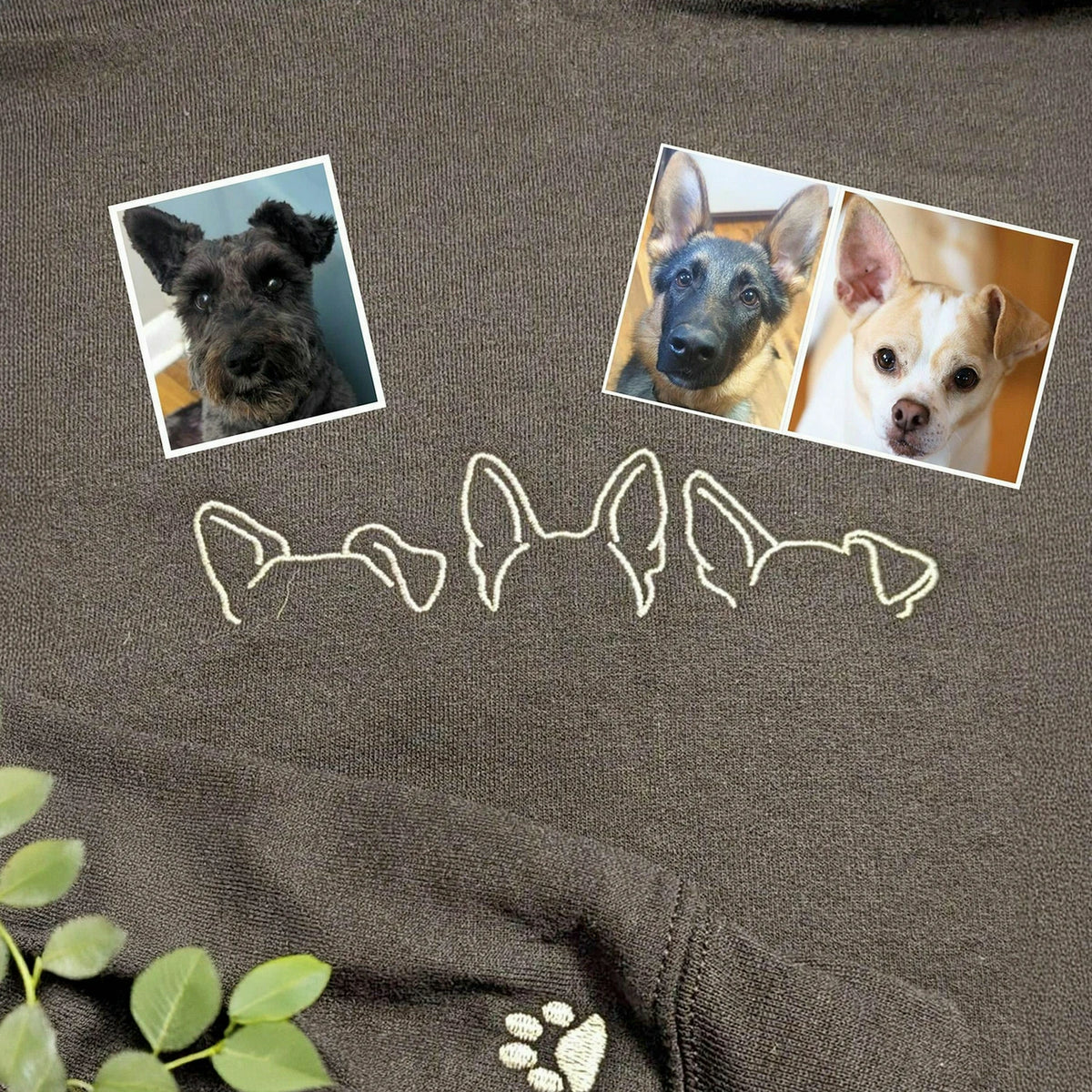 custom dog ears embroidered dark heather sweatshirt with pet names, made for dog moms and dog lovers who want a subtle, personal keepsake