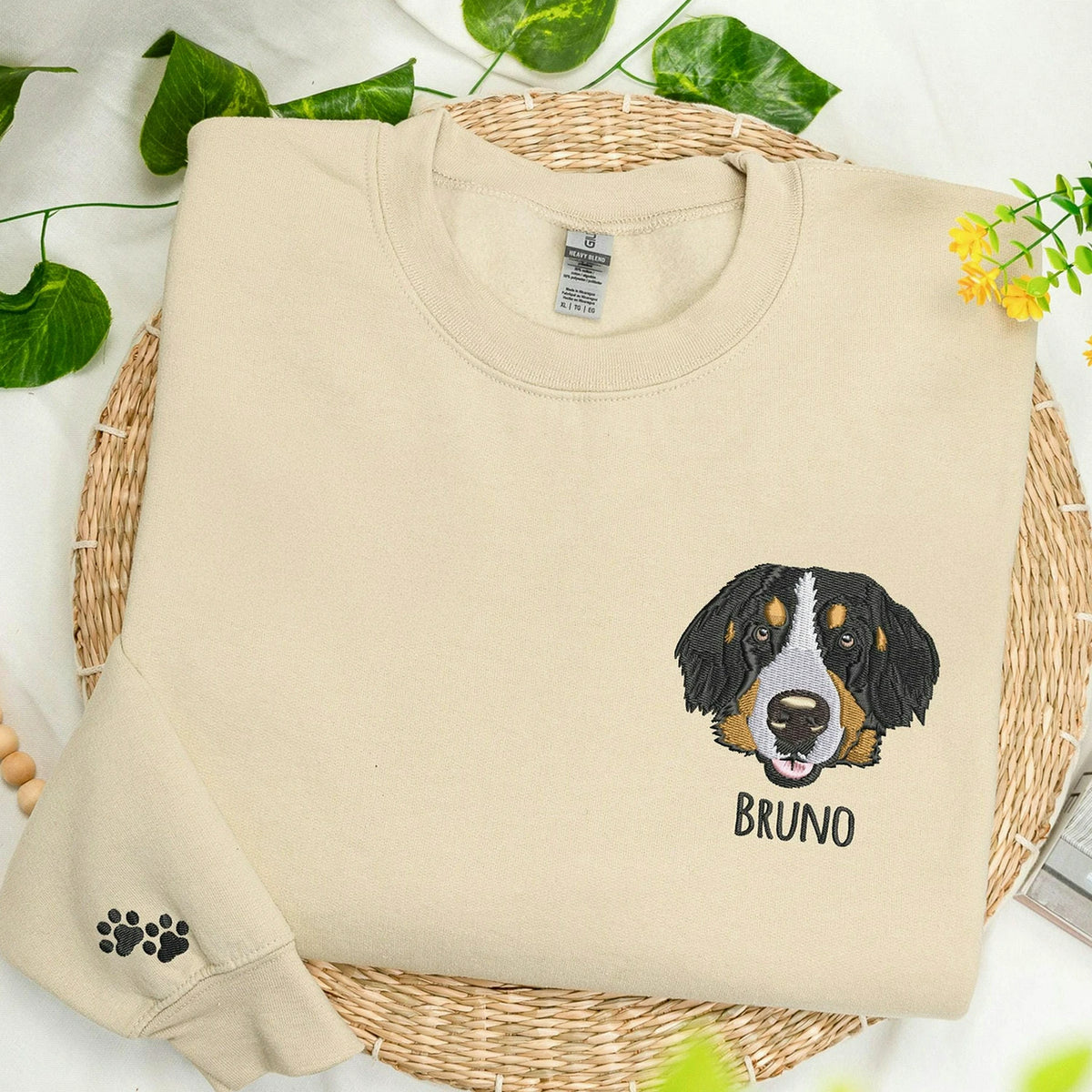 A cozy custom pet portrait sand sweatshirt made from dog’s photo and name, designed for dog moms, pet parents