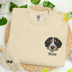 A cozy custom pet portrait sand sweatshirt made from dog’s photo and name, designed for dog moms, pet parents