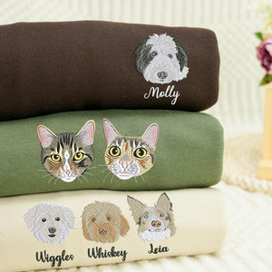 Sweatshirts for pet moms and pet lovers, made from your dog or cat photo with their name embroidered below the portrait