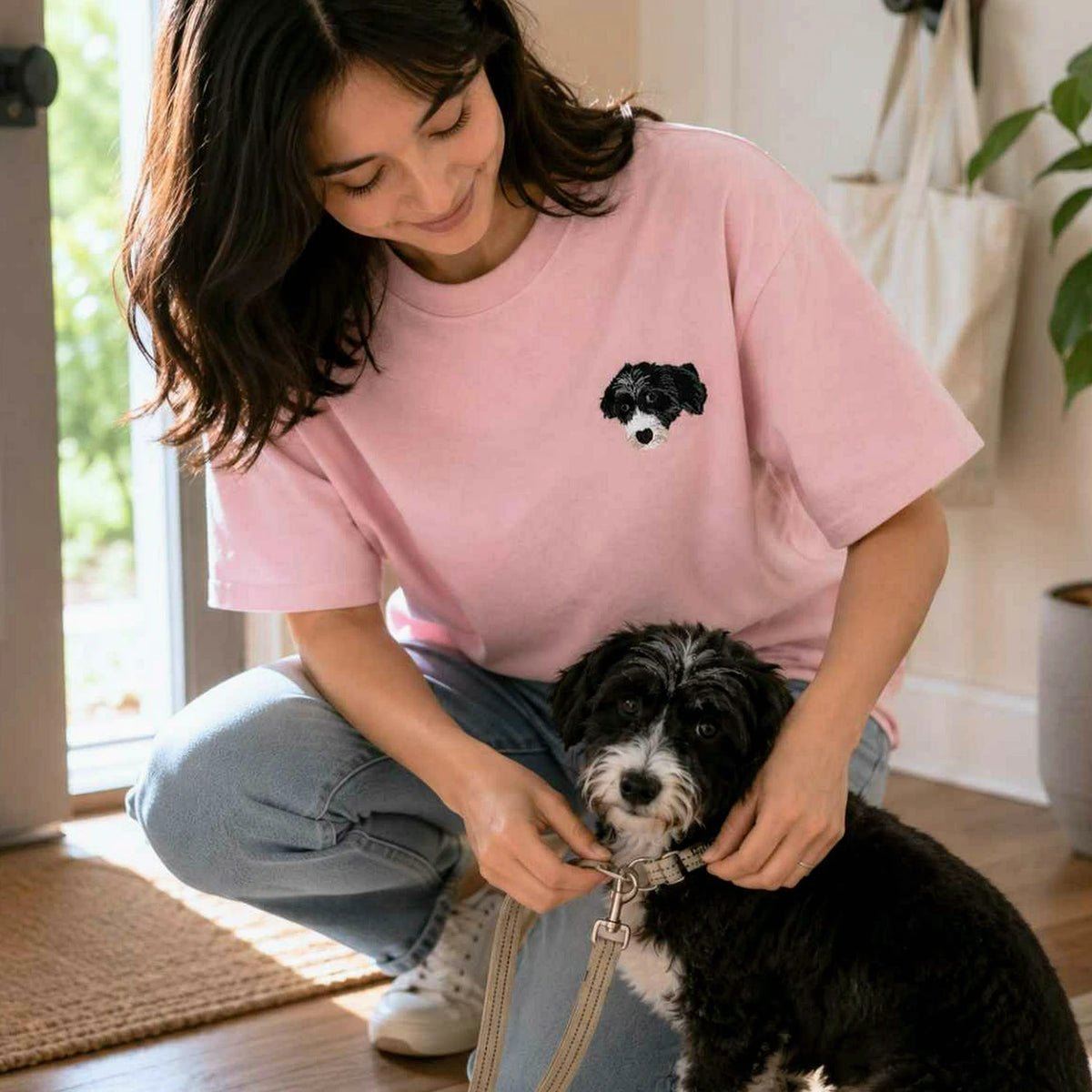 Custom Dog Portrait T-shirt for Birthday Girlfriend - Embroidered Pet Photo Tee & Name - Gift for Her