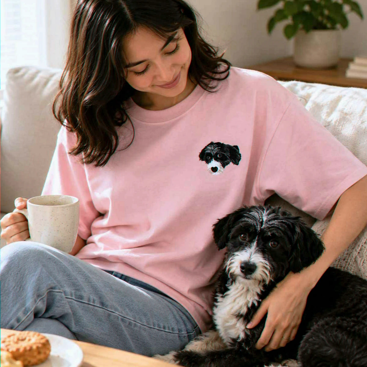 Custom Dog Portrait T-shirt for Birthday Girlfriend - Embroidered Pet Photo Tee & Name - Gift for Her