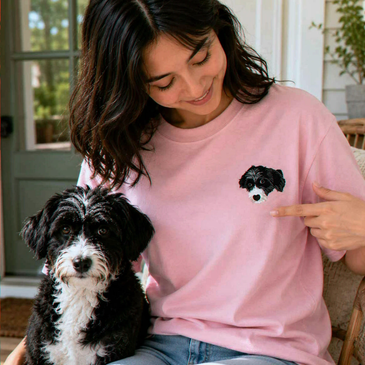 Custom Dog Portrait T-shirt for Birthday Girlfriend - Embroidered Pet Photo Tee & Name - Gift for Her
