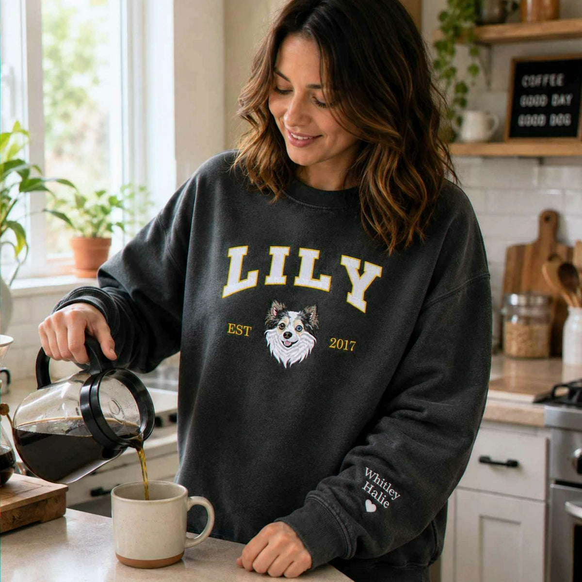 Custom Dog Memorial Sweatshirt for Girlfriend - Embroidered Pet Photo Portrait Crewneck & Name - Dog Loss Sympathy Gift for Her