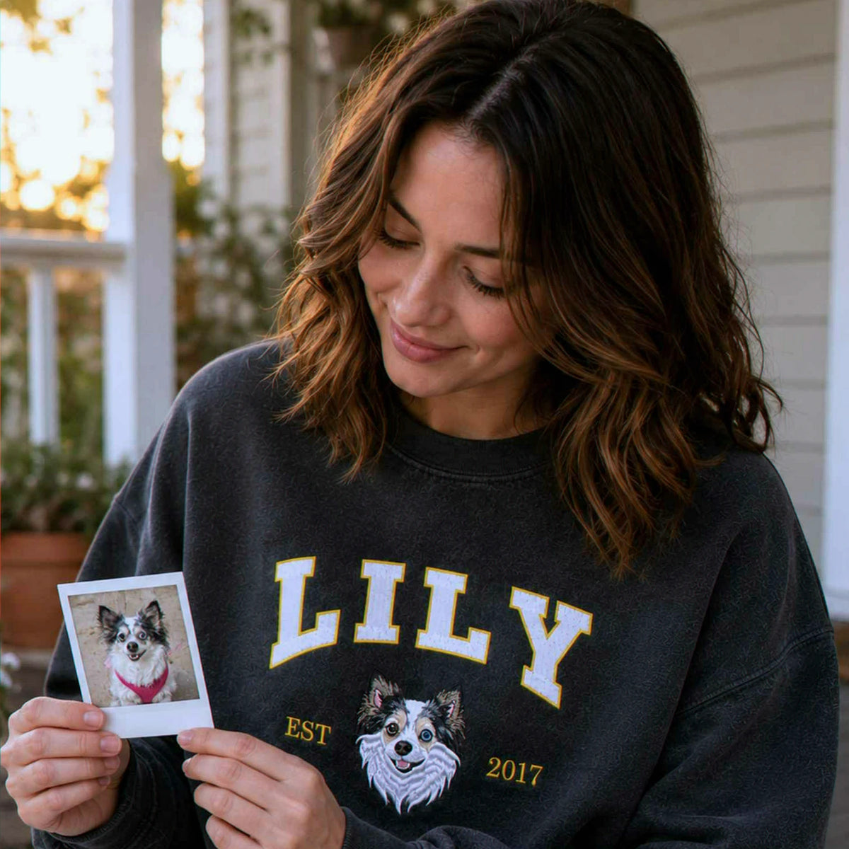 Custom Dog Memorial Sweatshirt for Girlfriend - Embroidered Pet Photo Portrait Crewneck & Name - Dog Loss Sympathy Gift for Her
