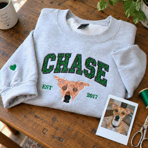Custom Glitter Dog Portrait Sweatshirt, Embroidered Dog Name Varsity Applique Crewneck, Dog Mom Gift