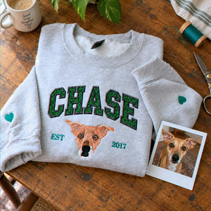 Custom Glitter Dog Portrait Sweatshirt, Embroidered Dog Name Varsity Applique Crewneck, Dog Mom Gift