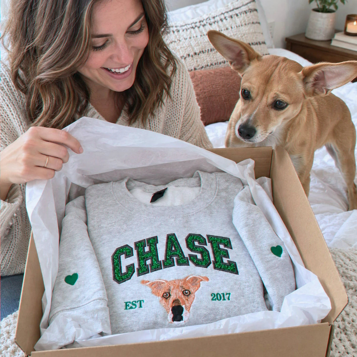Custom Glitter Dog Portrait Sweatshirt, Embroidered Dog Name Varsity Applique Crewneck, Dog Mom Gift
