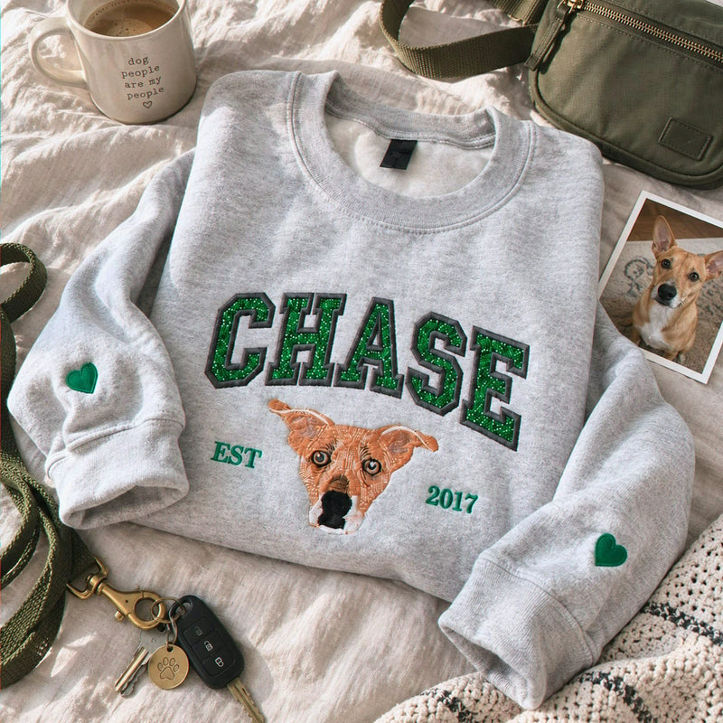 Custom Glitter Dog Portrait Sweatshirt, Embroidered Dog Name Varsity Applique Crewneck, Dog Mom Gift