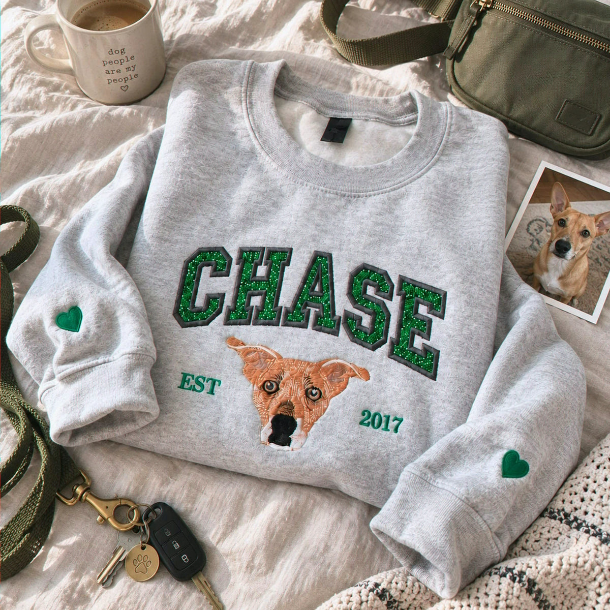 Custom Glitter Dog Portrait Sweatshirt, Embroidered Dog Name Varsity Applique Crewneck, Dog Mom Gift