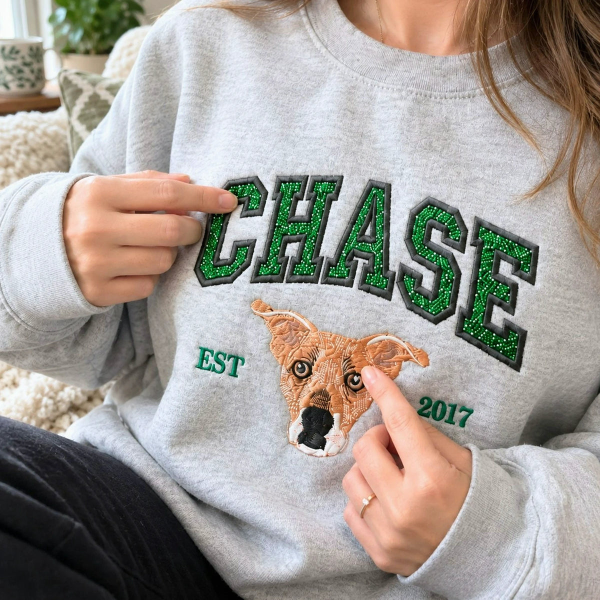 Custom Glitter Dog Portrait Sweatshirt, Embroidered Dog Name Varsity Applique Crewneck, Dog Mom Gift