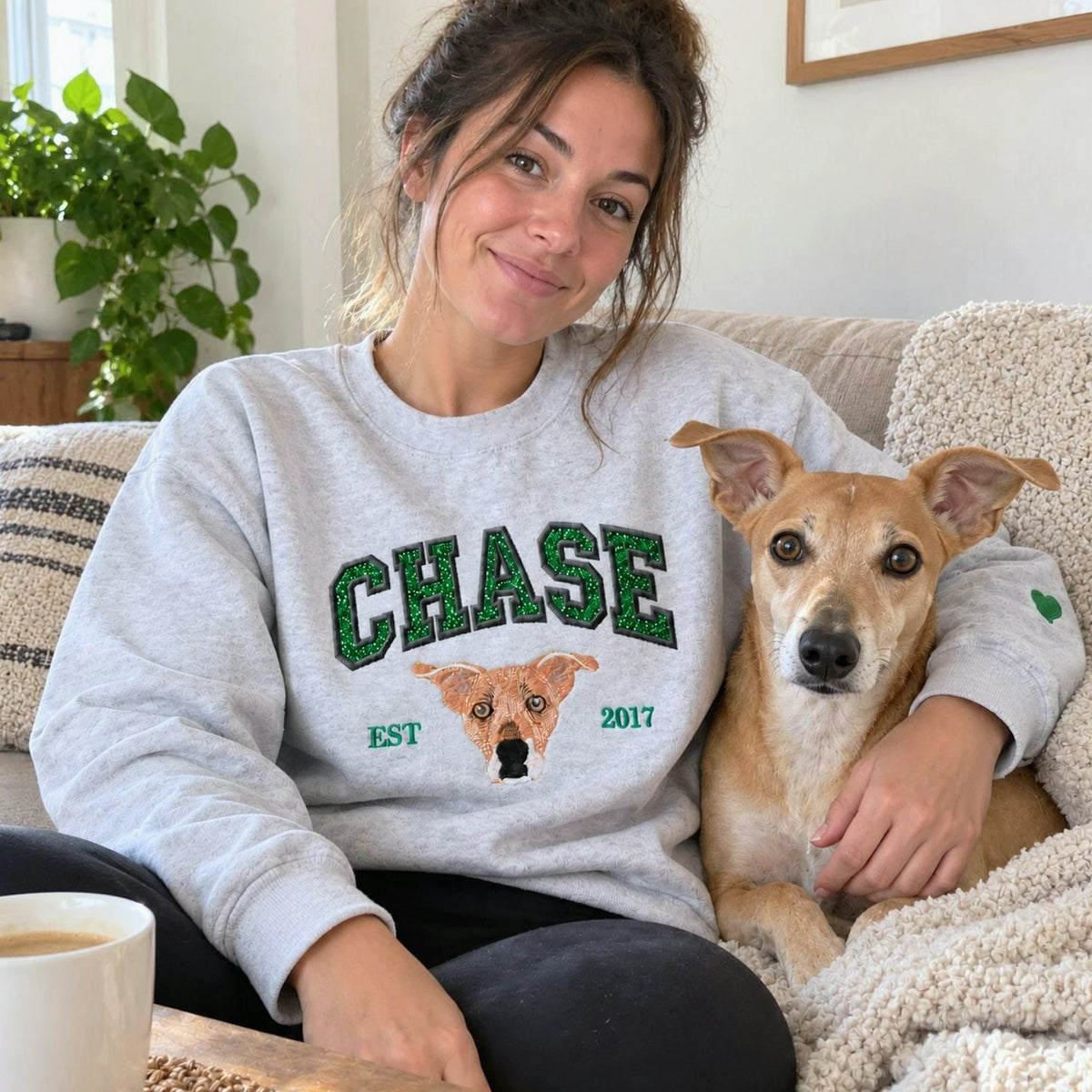 Custom Glitter Dog Portrait Sweatshirt, Embroidered Dog Name Varsity Applique Crewneck, Dog Mom Gift