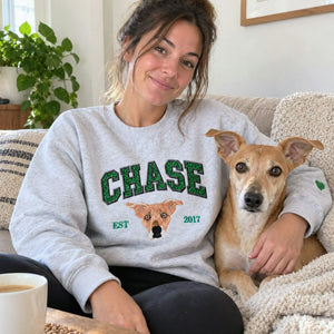 Custom Glitter Dog Portrait Sweatshirt, Embroidered Dog Name Varsity Applique Crewneck, Dog Mom Gift