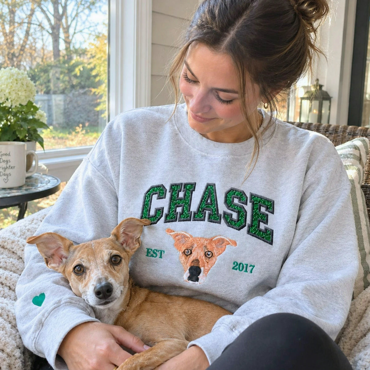 Custom Glitter Dog Portrait Sweatshirt, Embroidered Dog Name Varsity Applique Crewneck, Dog Mom Gift