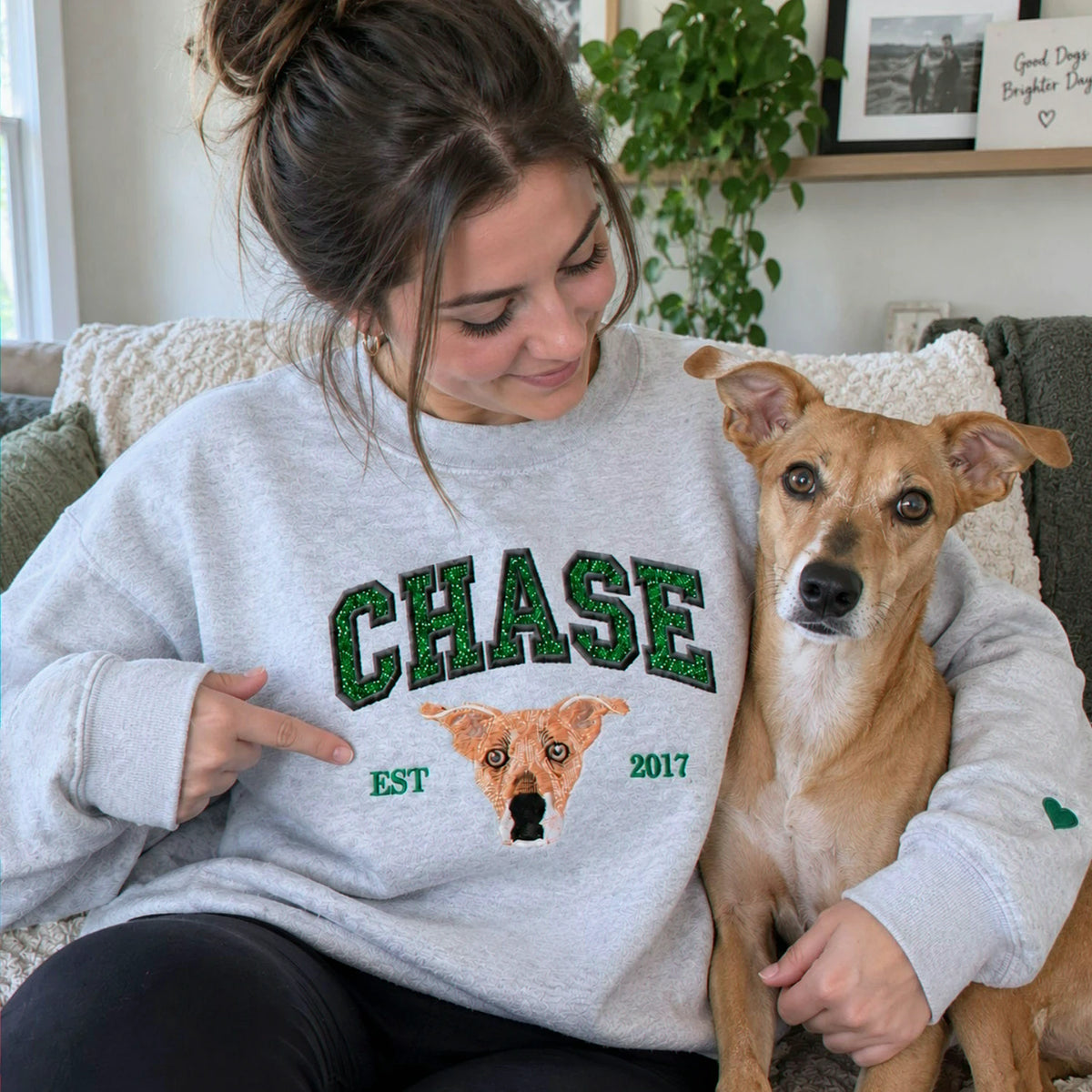 Custom Glitter Dog Portrait Sweatshirt, Embroidered Dog Name Varsity Applique Crewneck, Dog Mom Gift