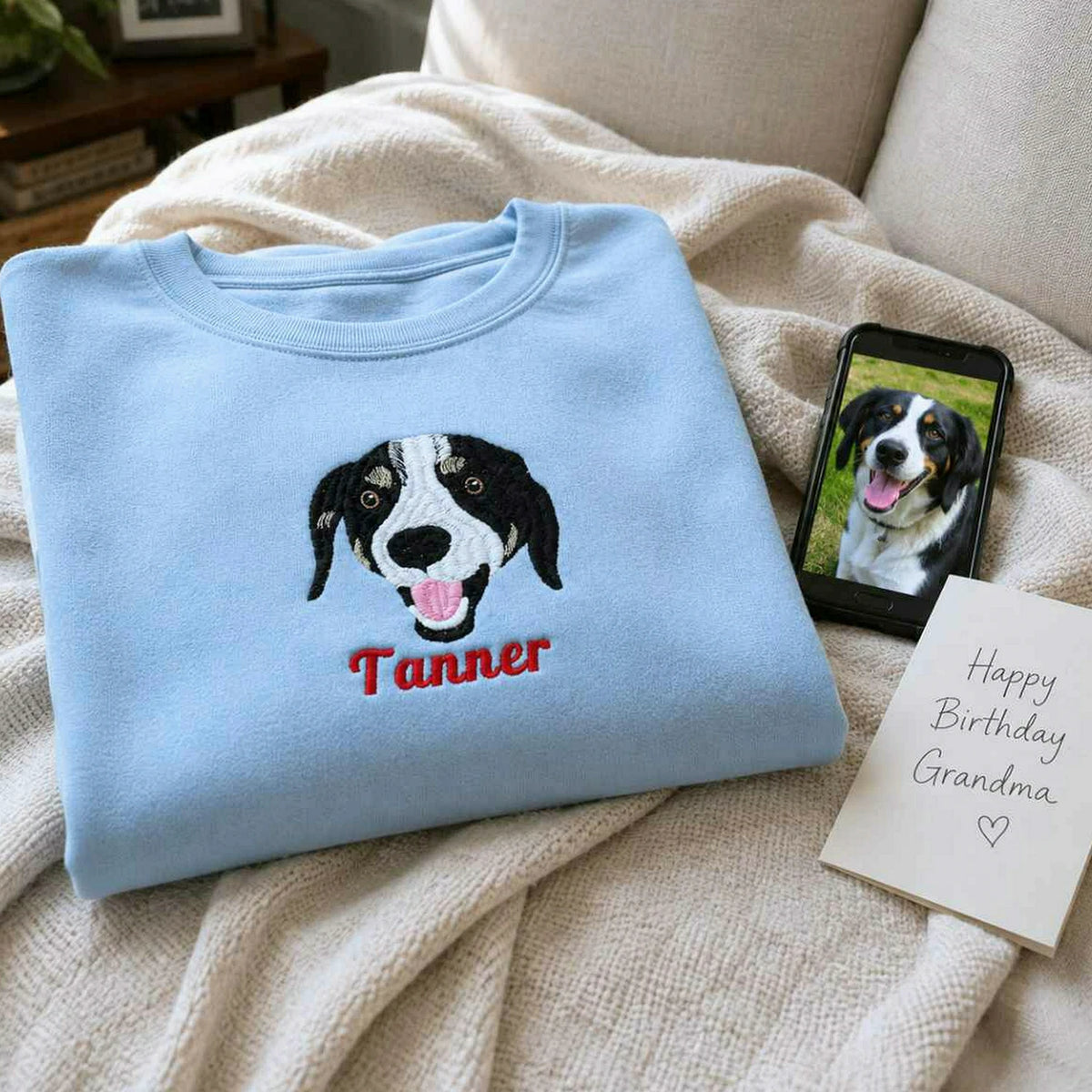 Custom Dog Portrait T-shirt for Birthday Grandma - Embroidered Pet Photo Tee & Name - Gift for Her