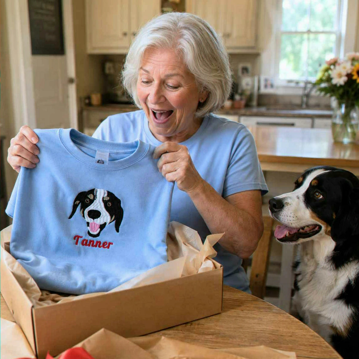 Custom Dog Portrait T-shirt for Birthday Grandma - Embroidered Pet Photo Tee & Name - Gift for Her