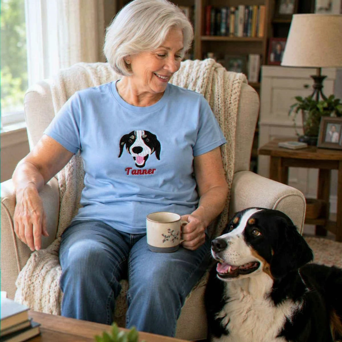 Custom Dog Portrait T-shirt for Birthday Grandma - Embroidered Pet Photo Tee & Name - Gift for Her