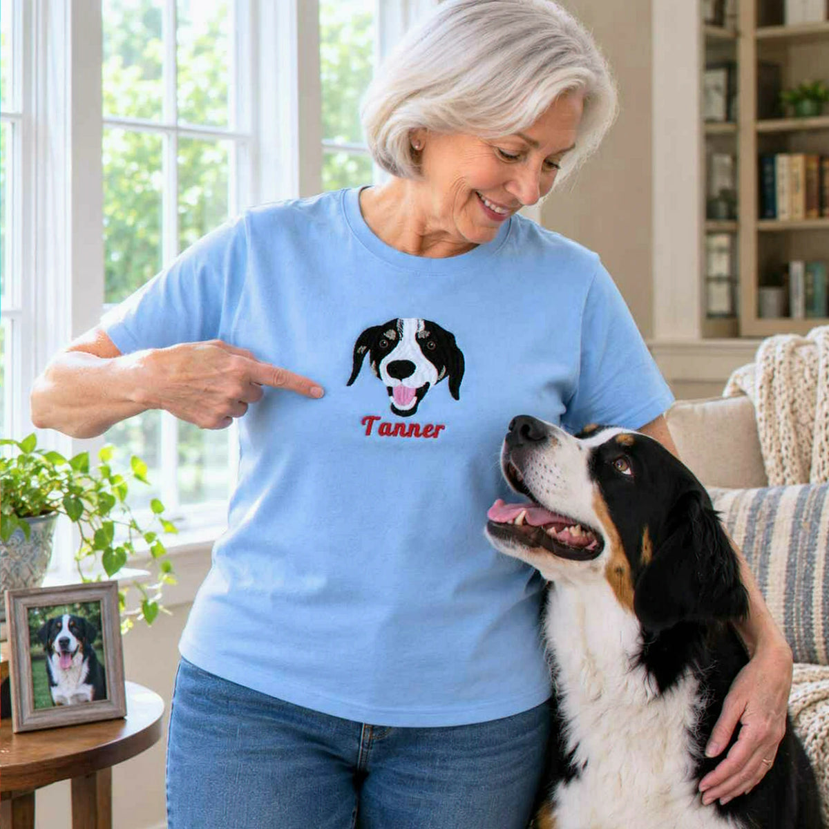 Custom Dog Portrait T-shirt for Birthday Grandma - Embroidered Pet Photo Tee & Name - Gift for Her