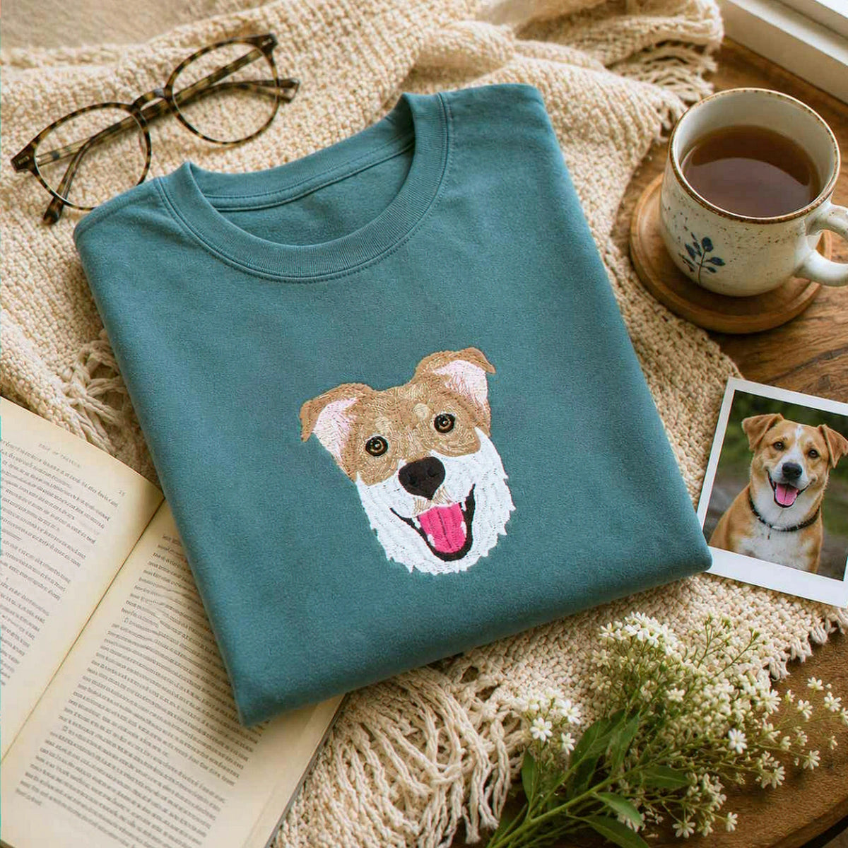 Custom Dog Memorial T-Shirt for Grandma - Embroidered Pet Photo Portrait Tee & Name - Dog Loss Sympathy Gift for Her
