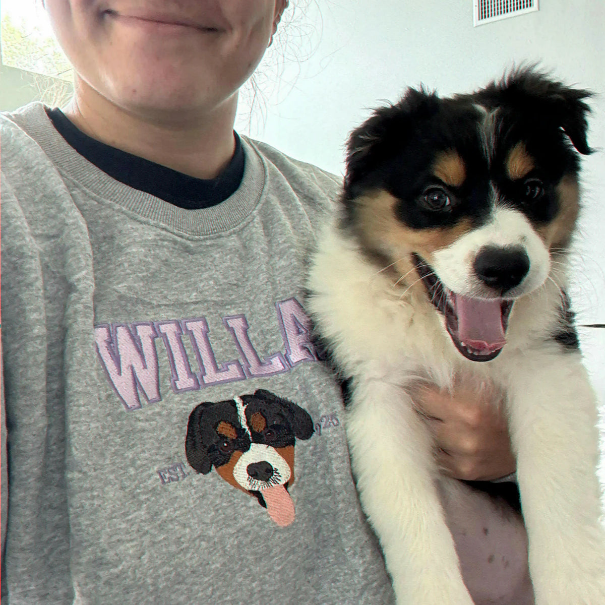 Custom Dog Portrait Sweatshirt for Birthday Grandma - Embroidered Pet Photo Crewneck & Name - Gift for Her